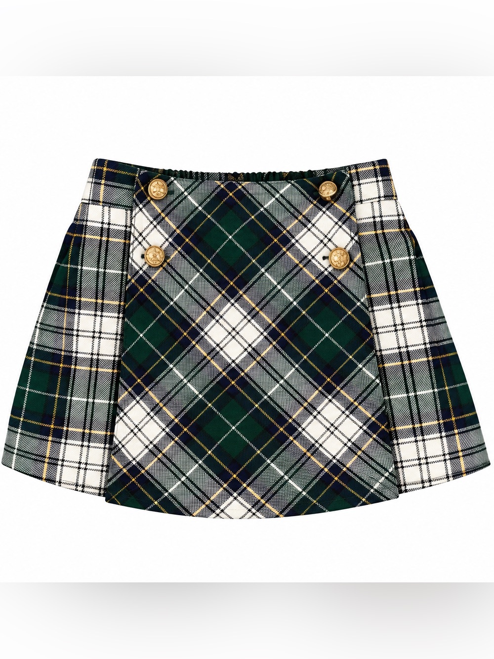 Plaid Button-Front Kids Skort in Dark Green and White